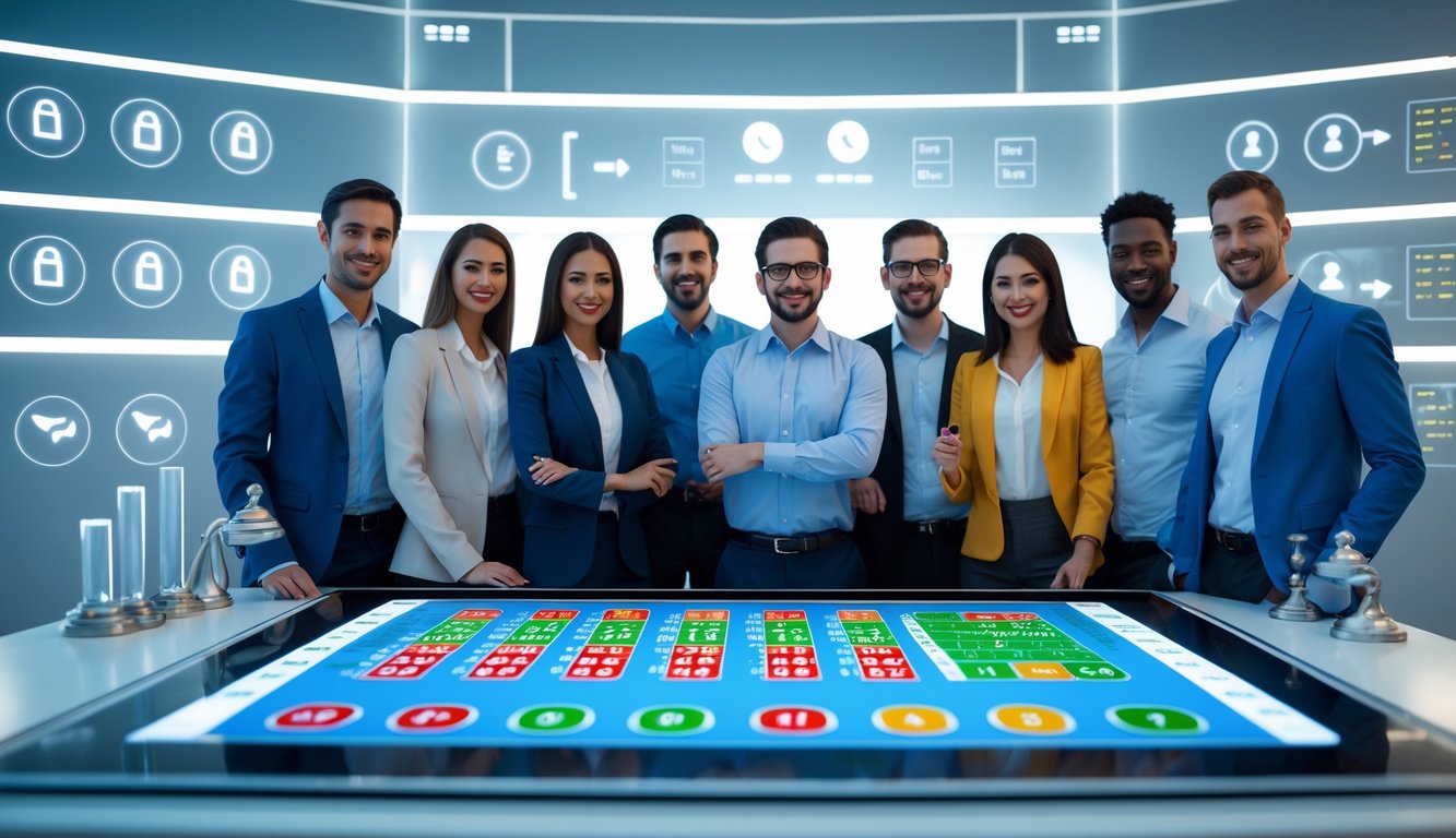 Sekelompok orang sedang berkumpul di sekitar meja digital dengan tampilan angka dan grafik terkait permainan judi online yang terpercaya dan adil.