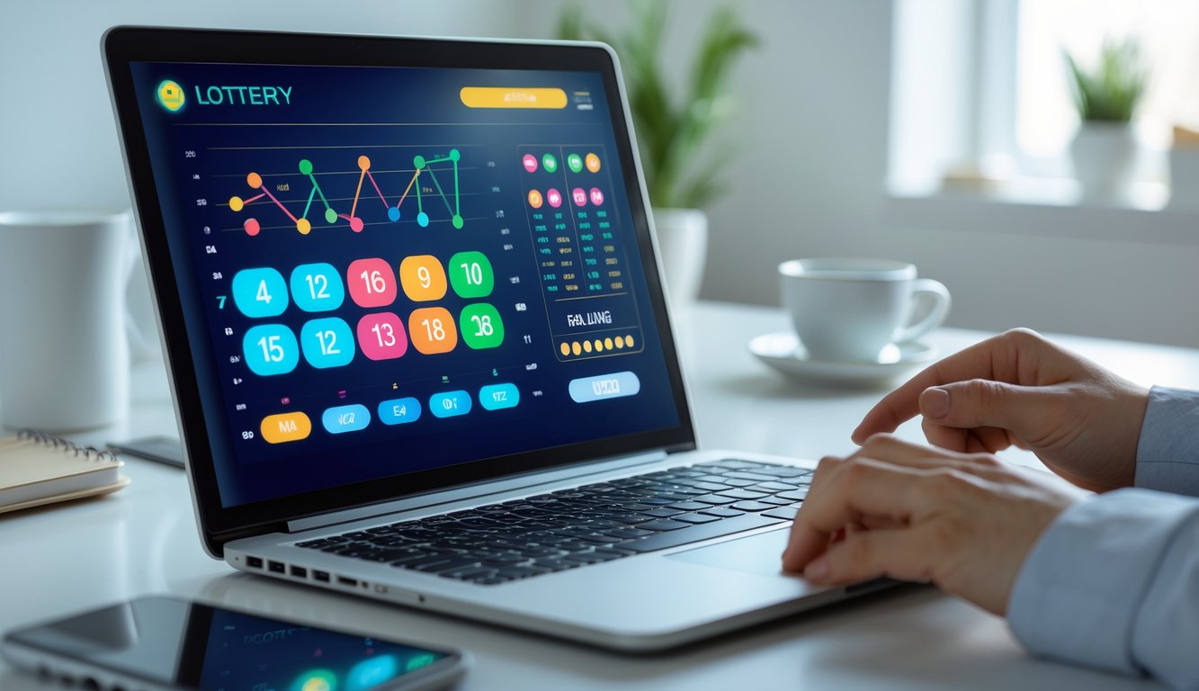 Seseorang menggunakan laptop di meja kerja dengan tampilan situs judi angka di layar, suasana tenang dan rapi.