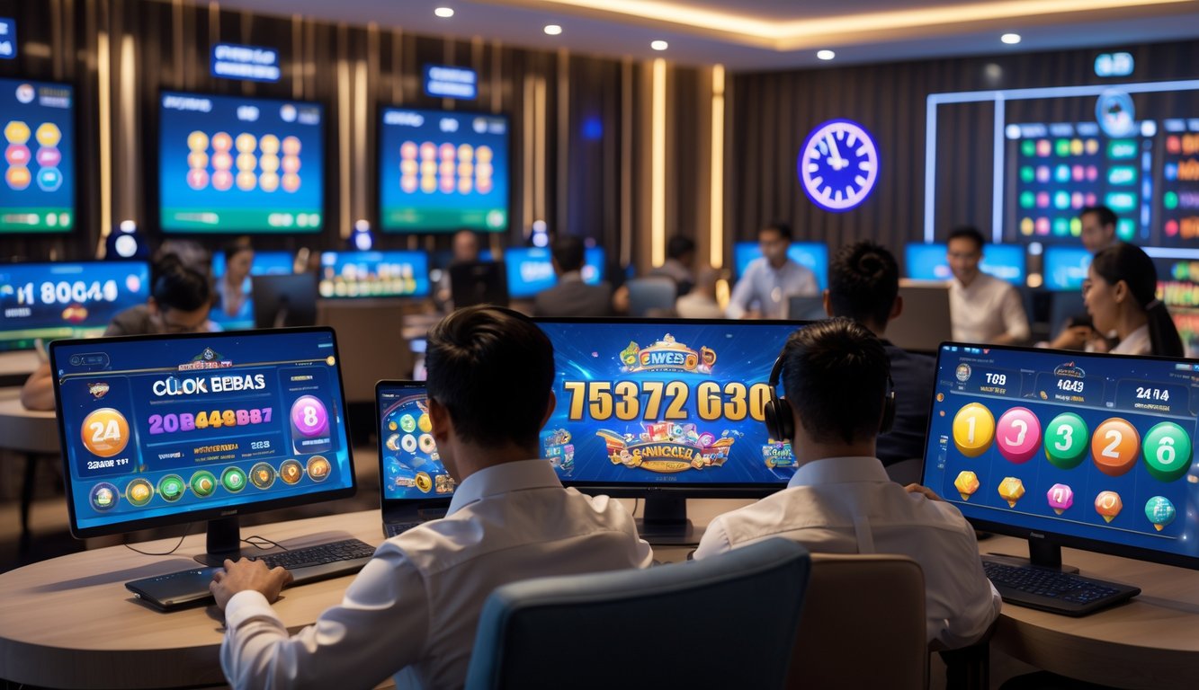 Orang-orang menggunakan laptop dan ponsel di ruang santai modern dengan layar digital menampilkan permainan judi angka.