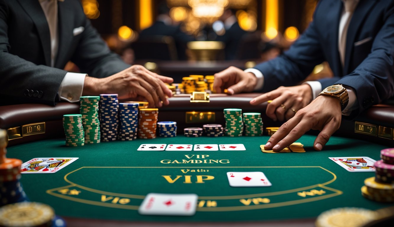 Meja judi mewah dengan kartu remi dan tumpukan chip, suasana kasino eksklusif dengan pencahayaan hangat dan pemain berpakaian rapi.
