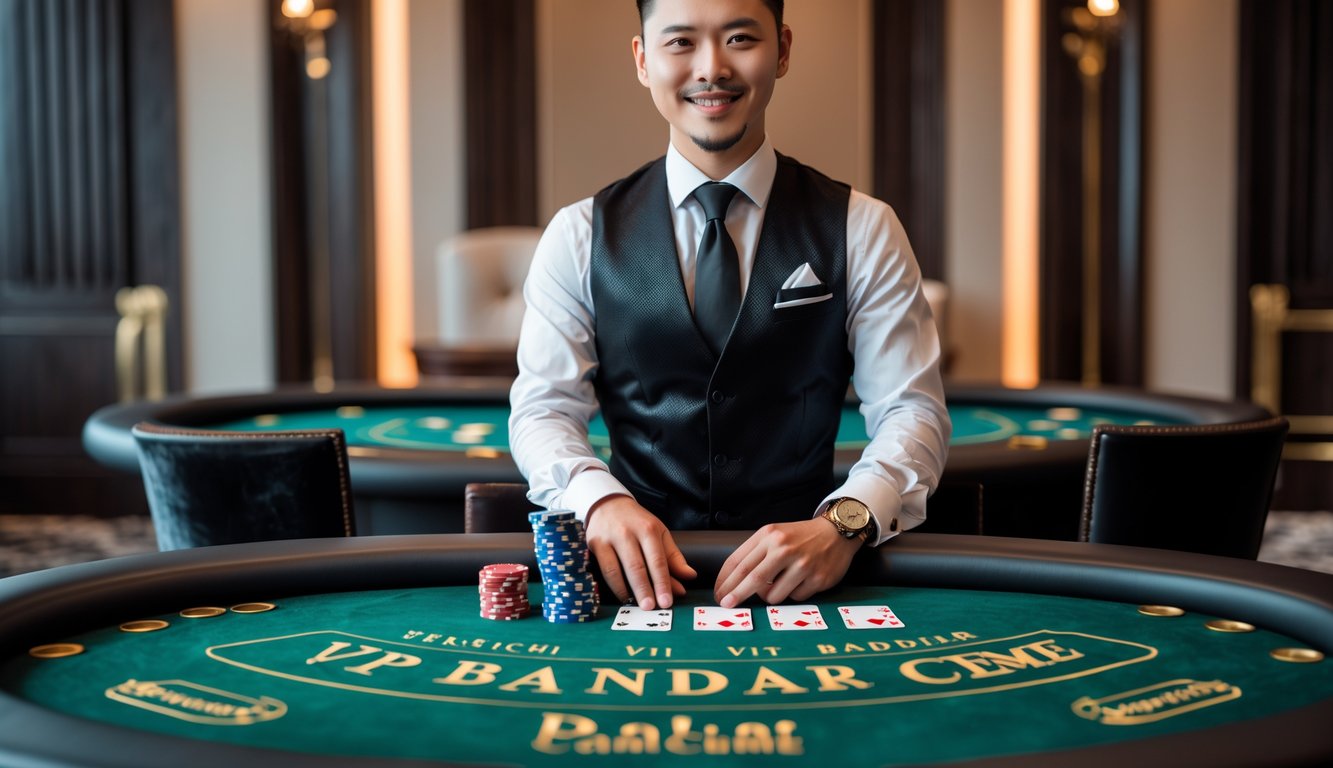 Seorang dealer profesional sedang mengelola meja judi Bandar Ceme VIP di lingkungan kasino yang mewah dan elegan.