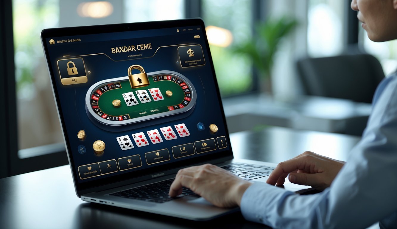 Seorang pria menggunakan komputer dengan tampilan permainan kartu Bandar Ceme di layar dalam ruangan yang nyaman dan aman.