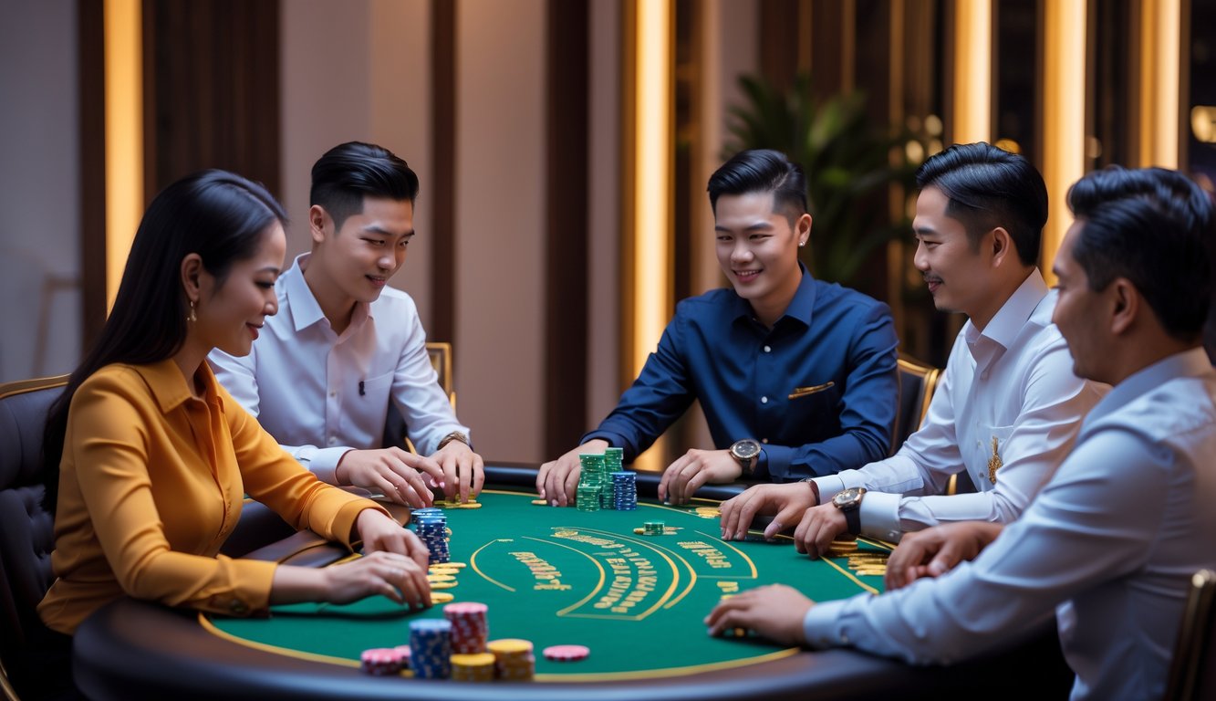 Beberapa pemain Indonesia sedang bermain kartu Bandar Ceme di meja kasino yang mewah dengan suasana eksklusif.