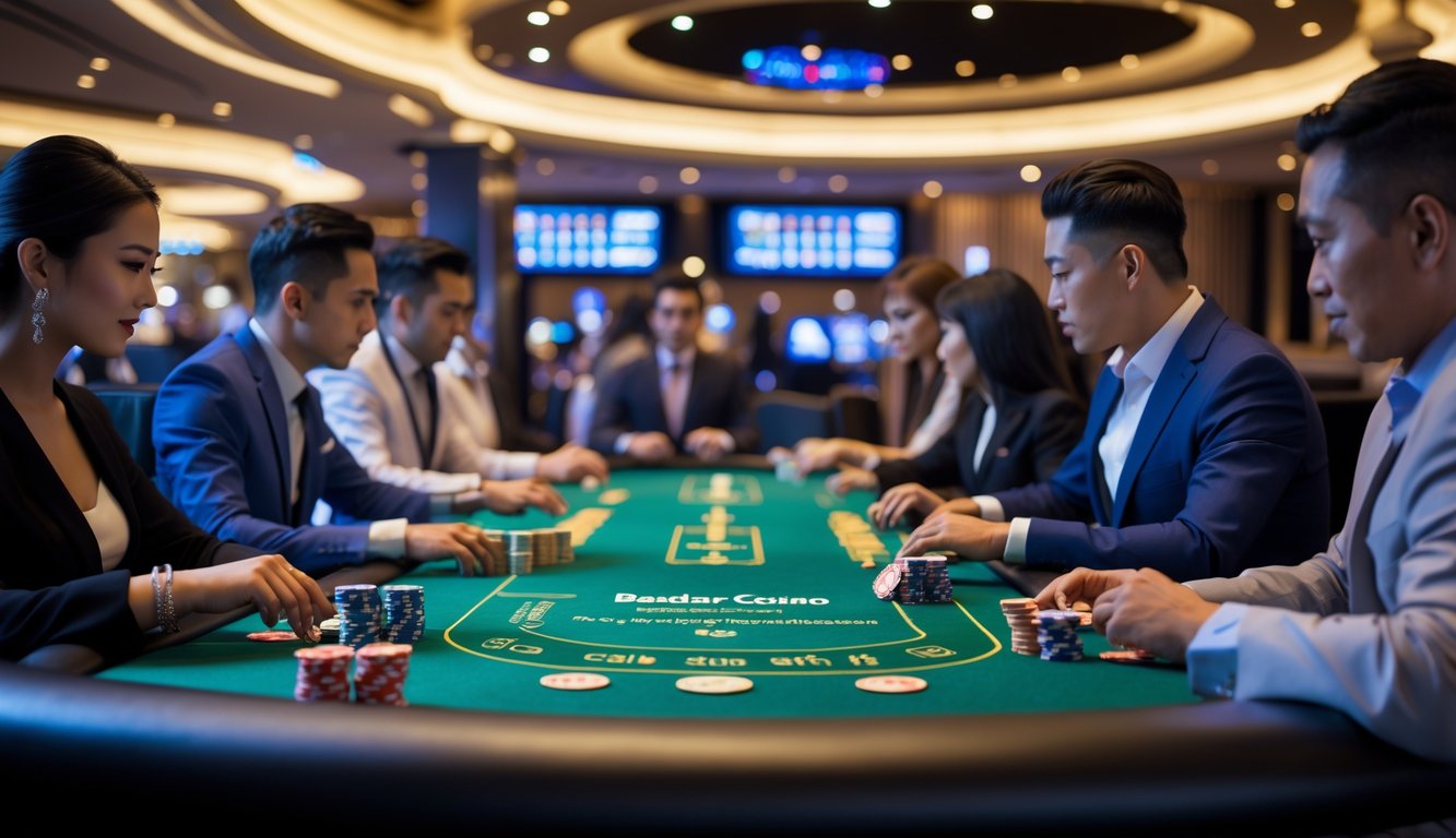 Meja judi VIP dengan dealer dan pemain sedang bermain Bandar Ceme di suasana kasino yang mewah dan modern.