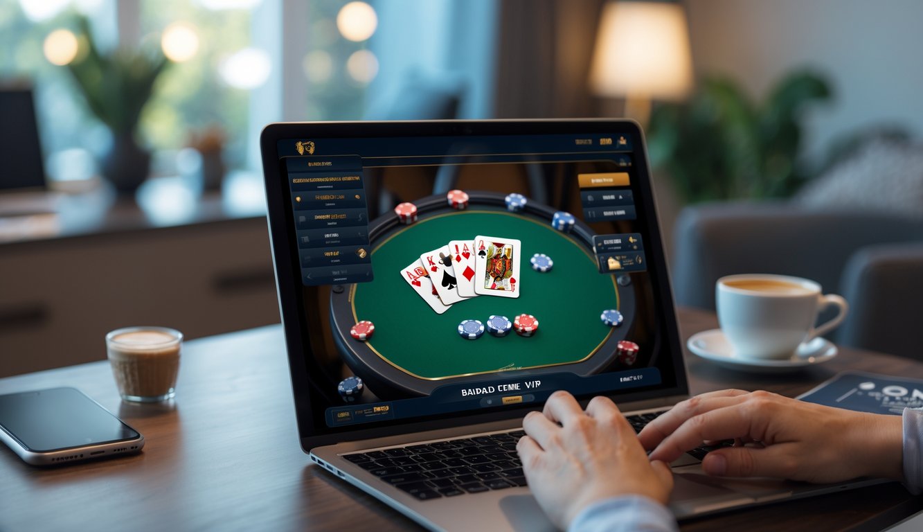 Seseorang bermain kartu judi online Bandar Ceme VIP menggunakan laptop di ruang santai yang nyaman.