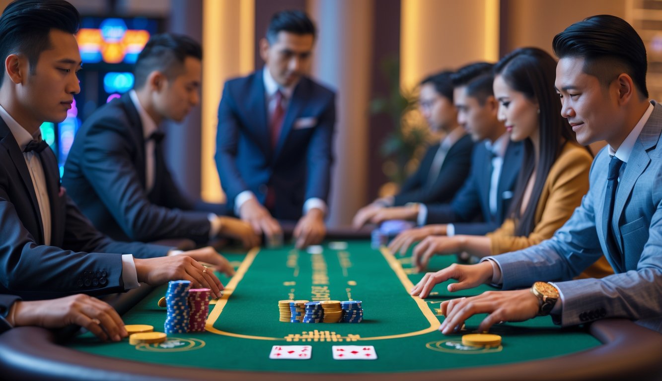 Beberapa orang bermain kartu di meja judi mewah dengan suasana kasino yang elegan dan pencahayaan hangat.