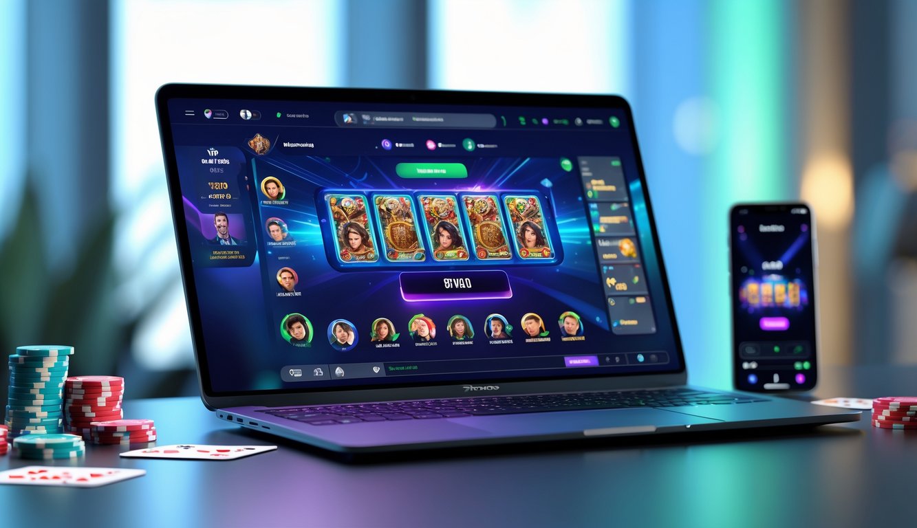 Seorang pengguna duduk di depan laptop dengan tampilan permainan kartu Bandar Ceme online yang aktif, dikelilingi oleh chip poker dan kartu bermain.