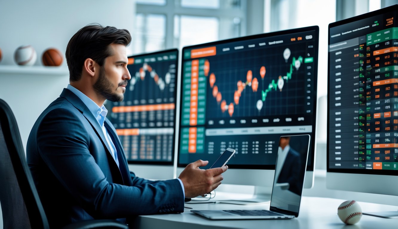 Seorang pria berpakaian rapi sedang melihat layar komputer yang menampilkan statistik dan peluang taruhan baseball di sebuah kantor modern.