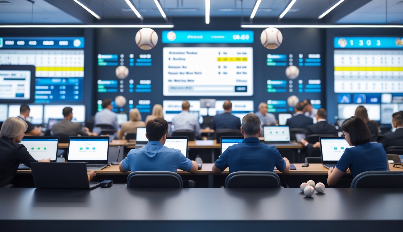 Orang-orang sedang memasang taruhan pada pertandingan bisbol di sebuah ruang taruhan modern dengan layar digital besar yang menampilkan statistik dan skor pertandingan.