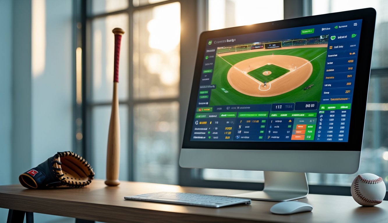 Sebuah meja kerja modern dengan komputer menampilkan permainan bisbol dan peralatan bisbol di atas meja.