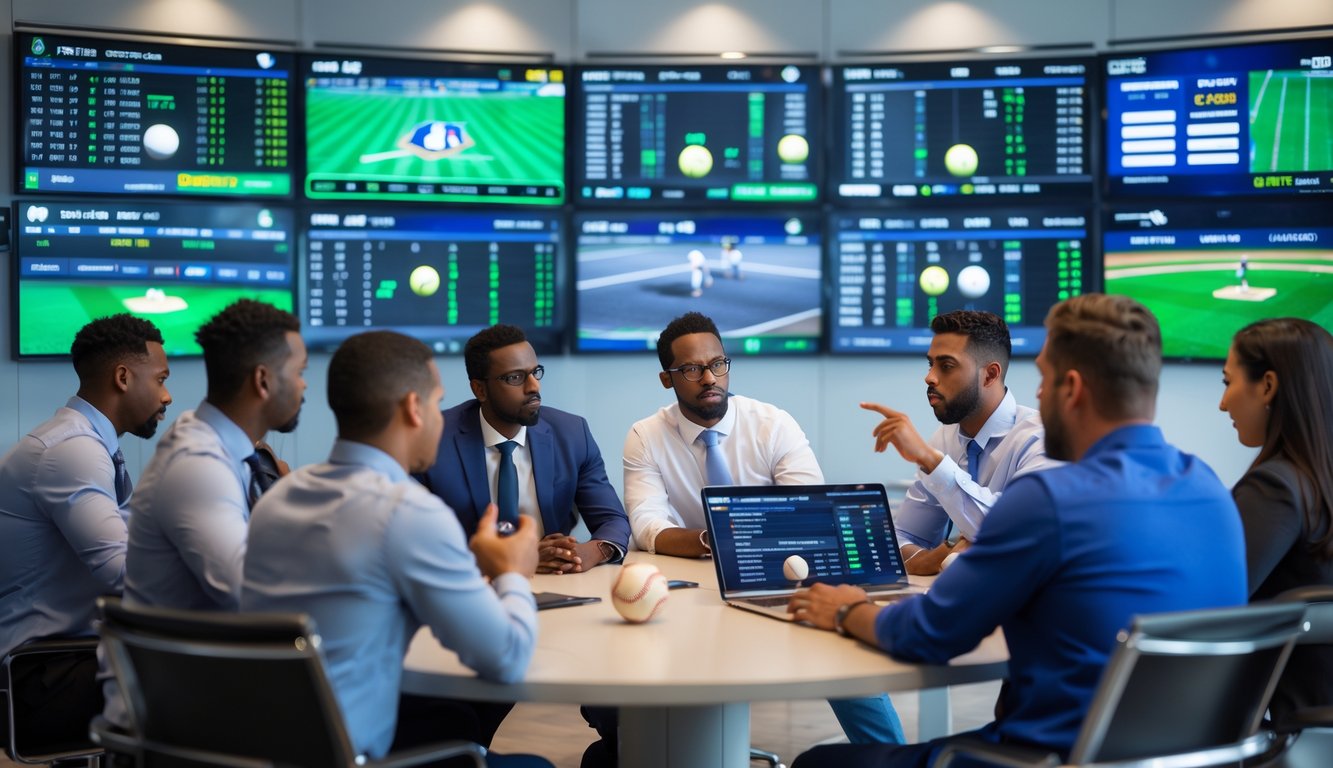 Sekelompok orang sedang berdiskusi dan melihat statistik baseball di layar digital dalam ruangan modern yang terang.