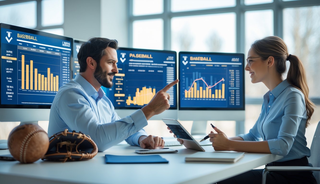 Seorang pria dan wanita duduk di meja kantor modern sambil menganalisis statistik baseball di layar komputer dengan perlengkapan baseball di meja.