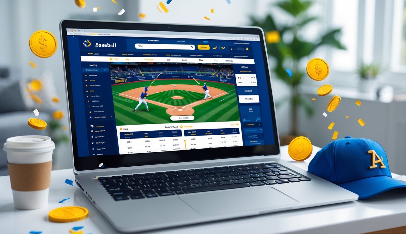 Seorang pengguna sedang melihat situs taruhan baseball online di laptop di meja kerja dengan suasana nyaman dan elemen terkait taruhan di sekitar.