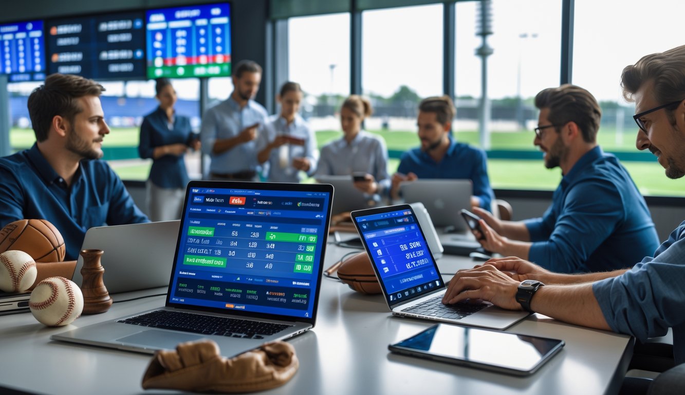 Sekelompok orang sedang memasang taruhan baseball menggunakan perangkat elektronik di ruangan dengan perlengkapan baseball dan layar menampilkan statistik pertandingan.