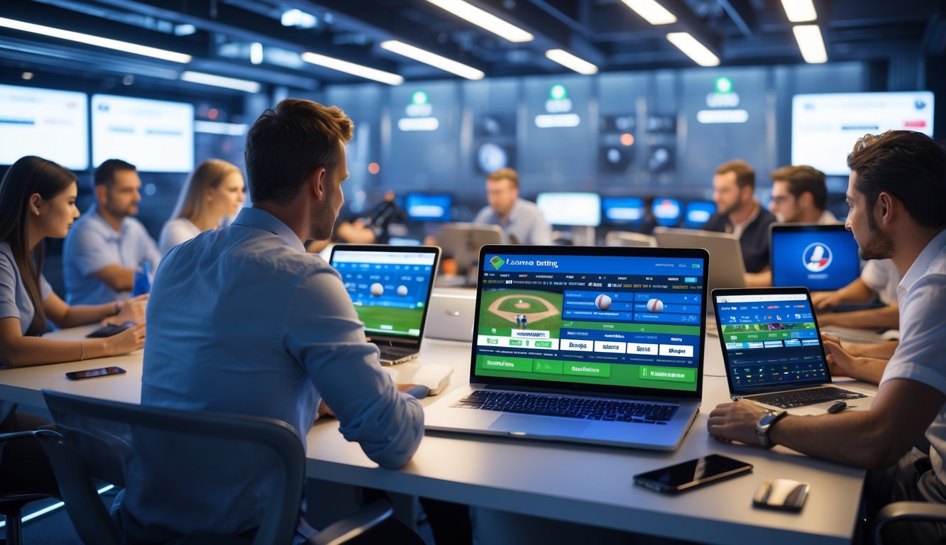 Orang-orang menggunakan perangkat digital untuk memasang taruhan pada pertandingan baseball dengan latar belakang ruang server yang modern dan stabil.