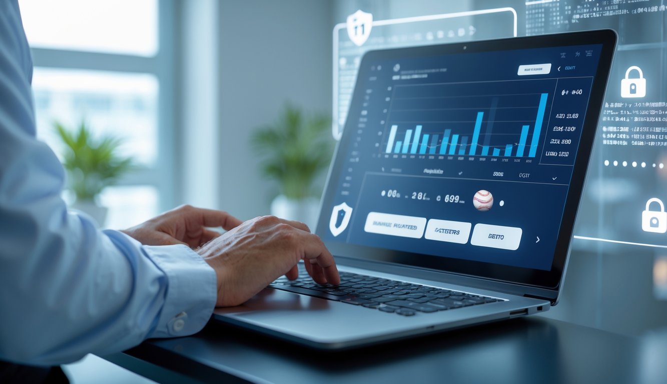 Seorang profesional menggunakan komputer dengan tampilan taruhan baseball online dan simbol keamanan data di latar belakang.