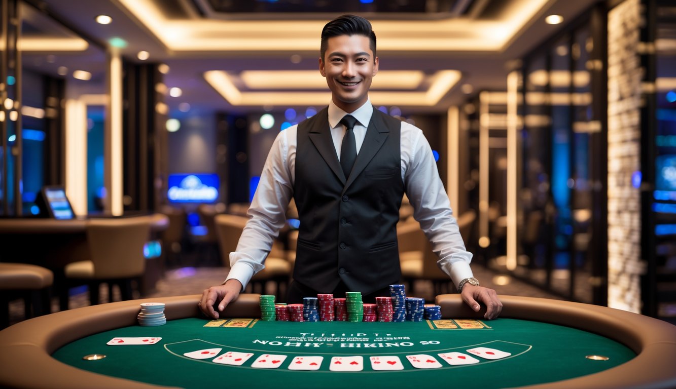 Seorang dealer kasino profesional berdiri di belakang meja permainan dengan chip dan kartu, di ruangan kasino yang mewah dan terang.