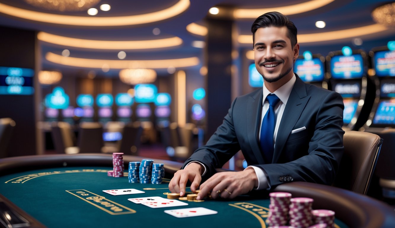 Seorang dealer kartu resmi duduk di meja kasino dengan kartu dan chip tertata rapi, menunjukkan suasana permainan yang adil dan profesional.