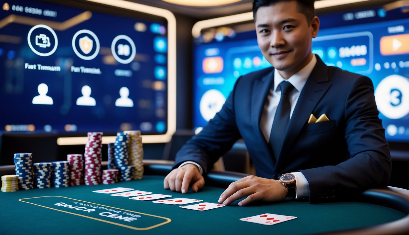 Seorang dealer profesional duduk di meja judi dengan kartu dan chip, latar belakang menampilkan simbol transaksi cepat dan pembayaran aman.