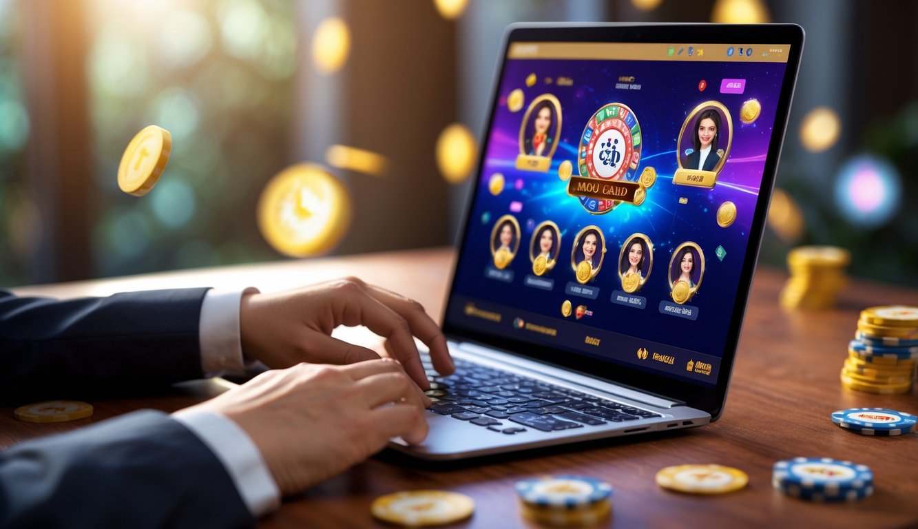 Tangan seseorang sedang bermain permainan kartu Bandar Ceme secara online di komputer dengan tampilan antarmuka permainan dan chip taruhan.