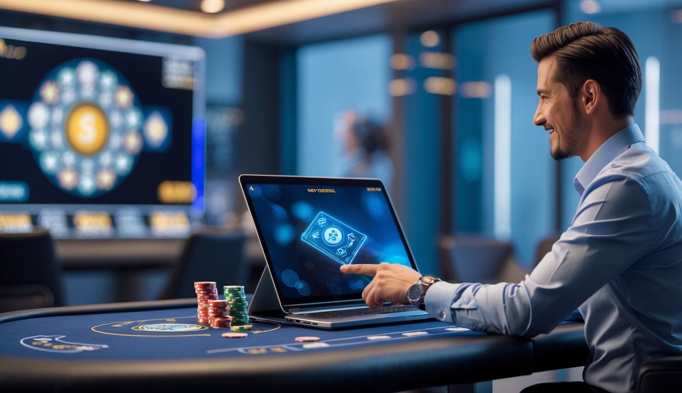 Seorang dealer judi online profesional sedang bekerja di meja permainan dengan perangkat digital di lingkungan kantor modern.