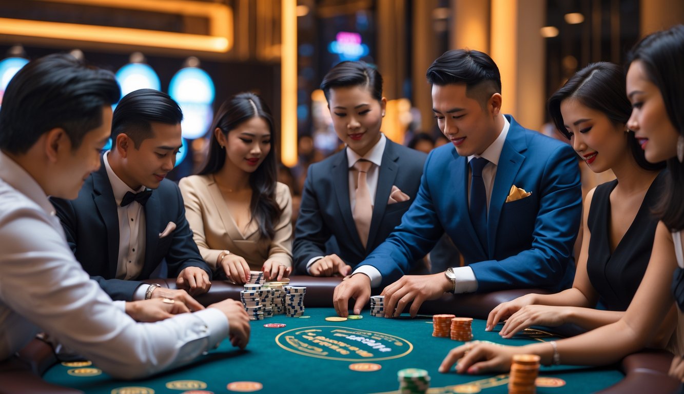 Sejumlah orang bermain kartu Bandar Ceme dengan dealer resmi di meja kasino yang modern dan mewah.