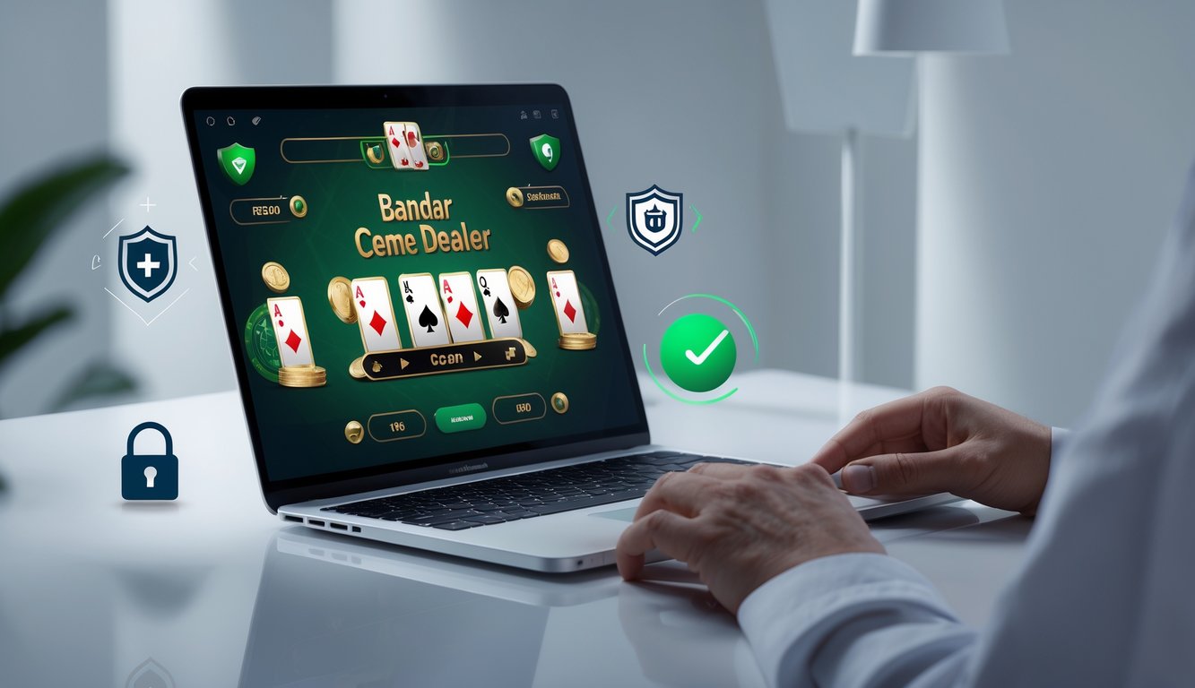 Seseorang menggunakan laptop dengan tampilan permainan Bandar Ceme online yang aman dan terpercaya.