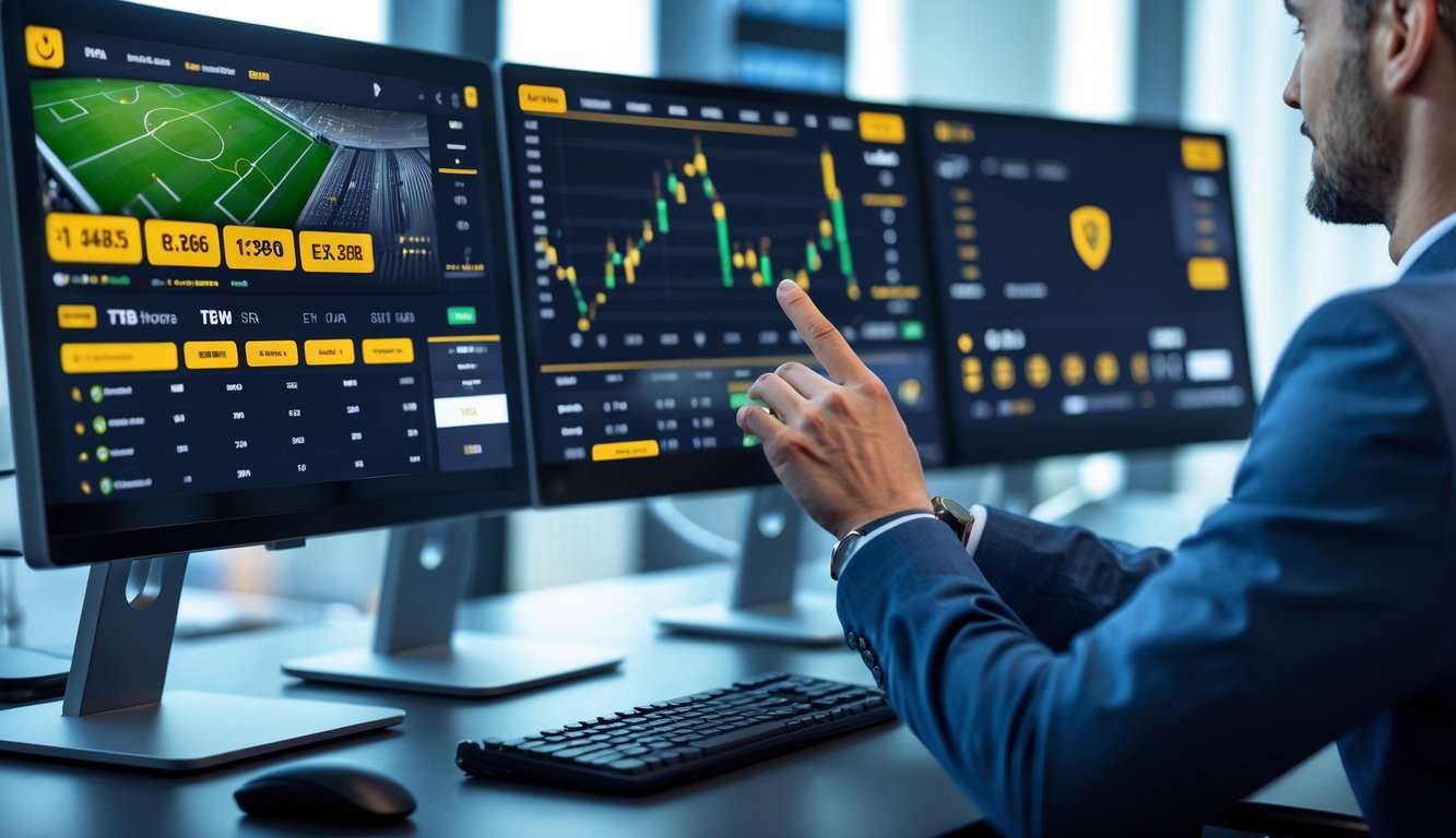 Seorang profesional sedang menggunakan komputer dengan layar menampilkan statistik dan peluang taruhan sepak bola secara online.