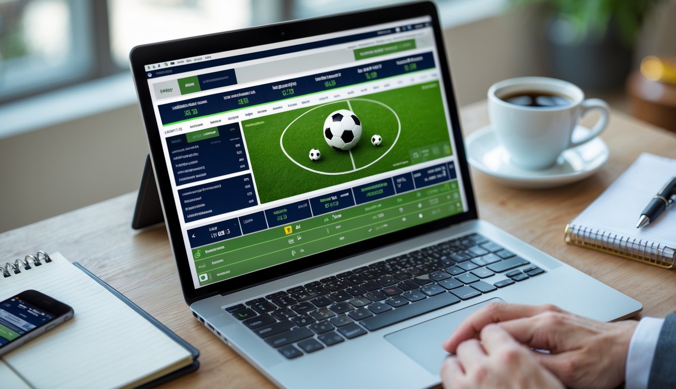 Seorang pengguna sedang melihat laptop dengan tampilan antarmuka taruhan bola online, dikelilingi oleh ponsel, kopi, dan buku catatan di meja kerja.