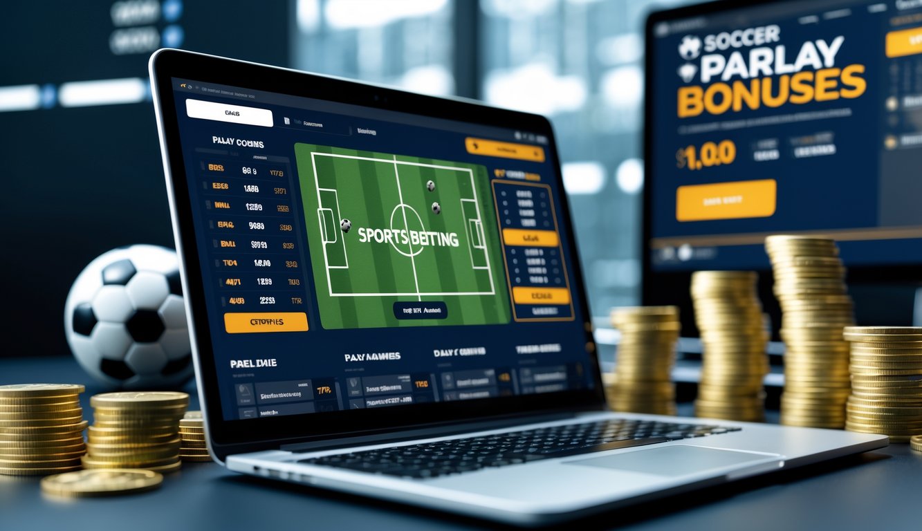 Seorang pria menggunakan laptop dengan tampilan situs taruhan bola online dan latar belakang bola sepak serta tumpukan uang sebagai simbol bonus besar.