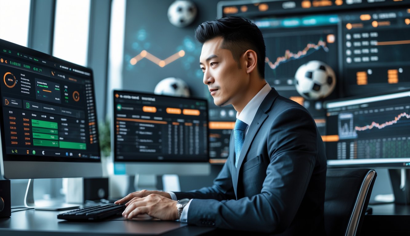 Seorang pria Asia duduk di depan beberapa layar komputer yang menampilkan statistik taruhan bola dan pertandingan sepak bola, di sebuah kantor modern.