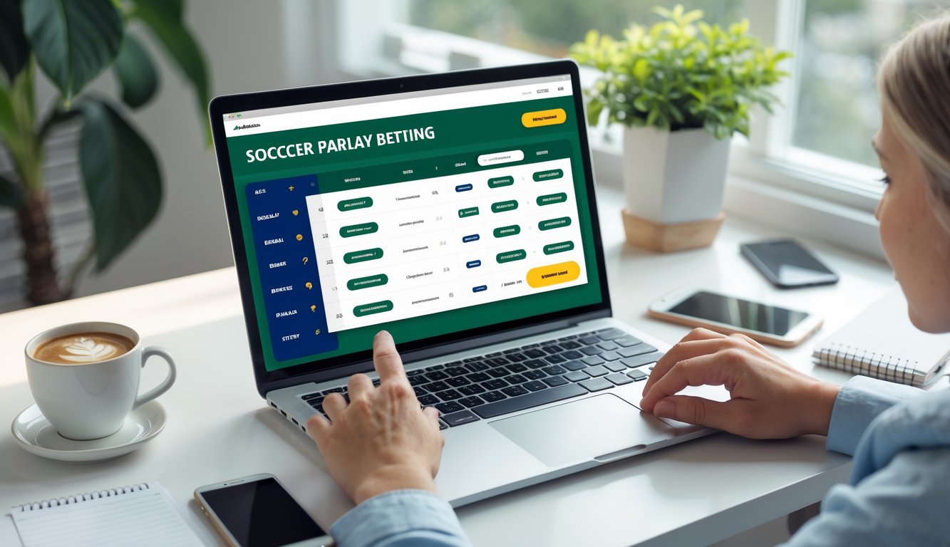 Seseorang menggunakan laptop di meja kerja dengan layar menampilkan situs taruhan bola online, suasana terang dan rapi.