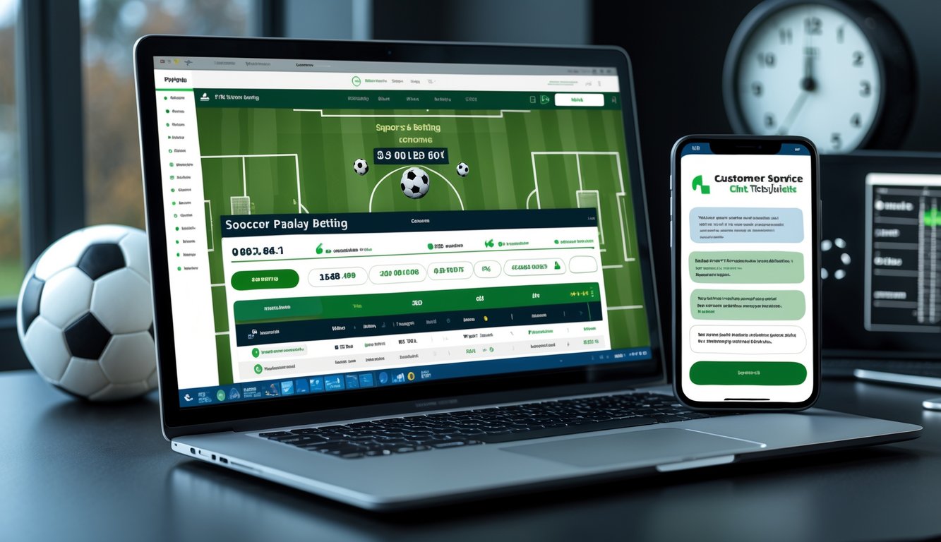 Seorang pria duduk di depan laptop dengan layar menampilkan situs taruhan bola online, di sampingnya ponsel menunjukkan layanan pelanggan yang aktif, dengan bola sepak di meja dan jam di latar belakang.