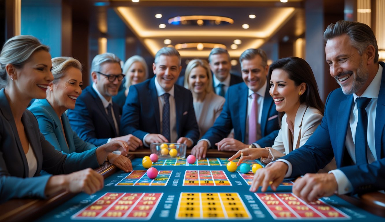 Seorang kelompok orang bermain bingo di dalam kasino yang mewah dengan suasana ceria dan penuh antusiasme.