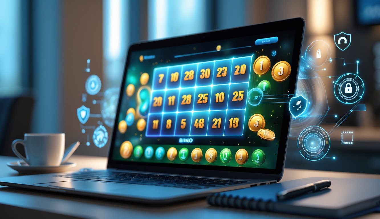 Sebuah komputer menampilkan permainan bingo online dengan simbol keamanan di sekitarnya dalam lingkungan kerja yang rapi.
