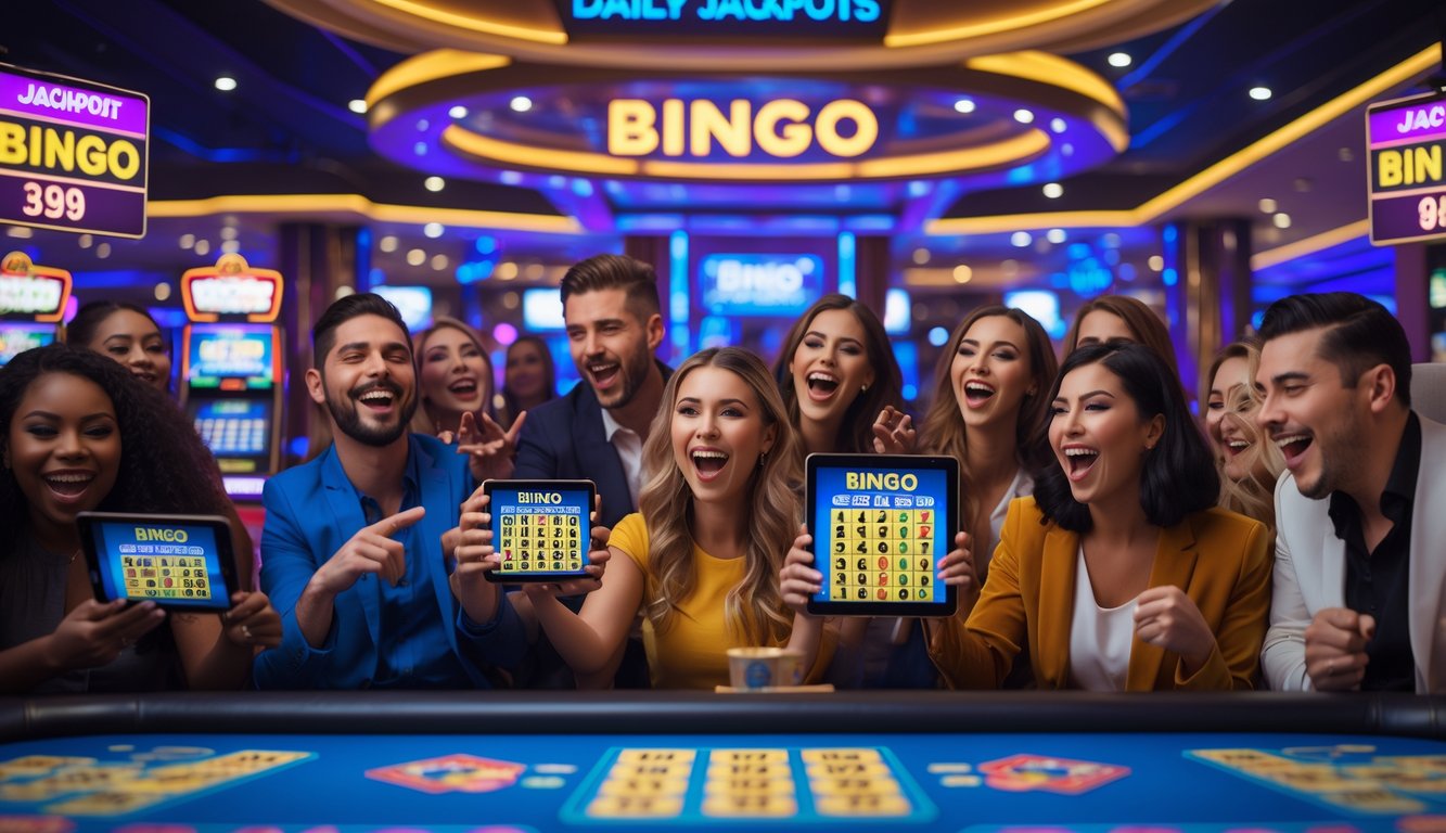 Orang-orang bermain bingo dan judi online di kasino dengan lampu berwarna-warni dan layar digital menampilkan jackpot.