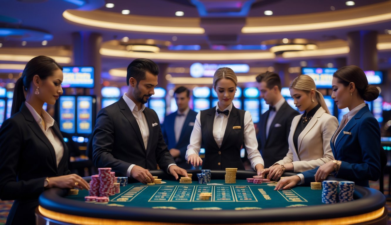 Seorang dealer profesional di meja kasino modern dengan pemain yang sedang bermain bingo dan judi online.