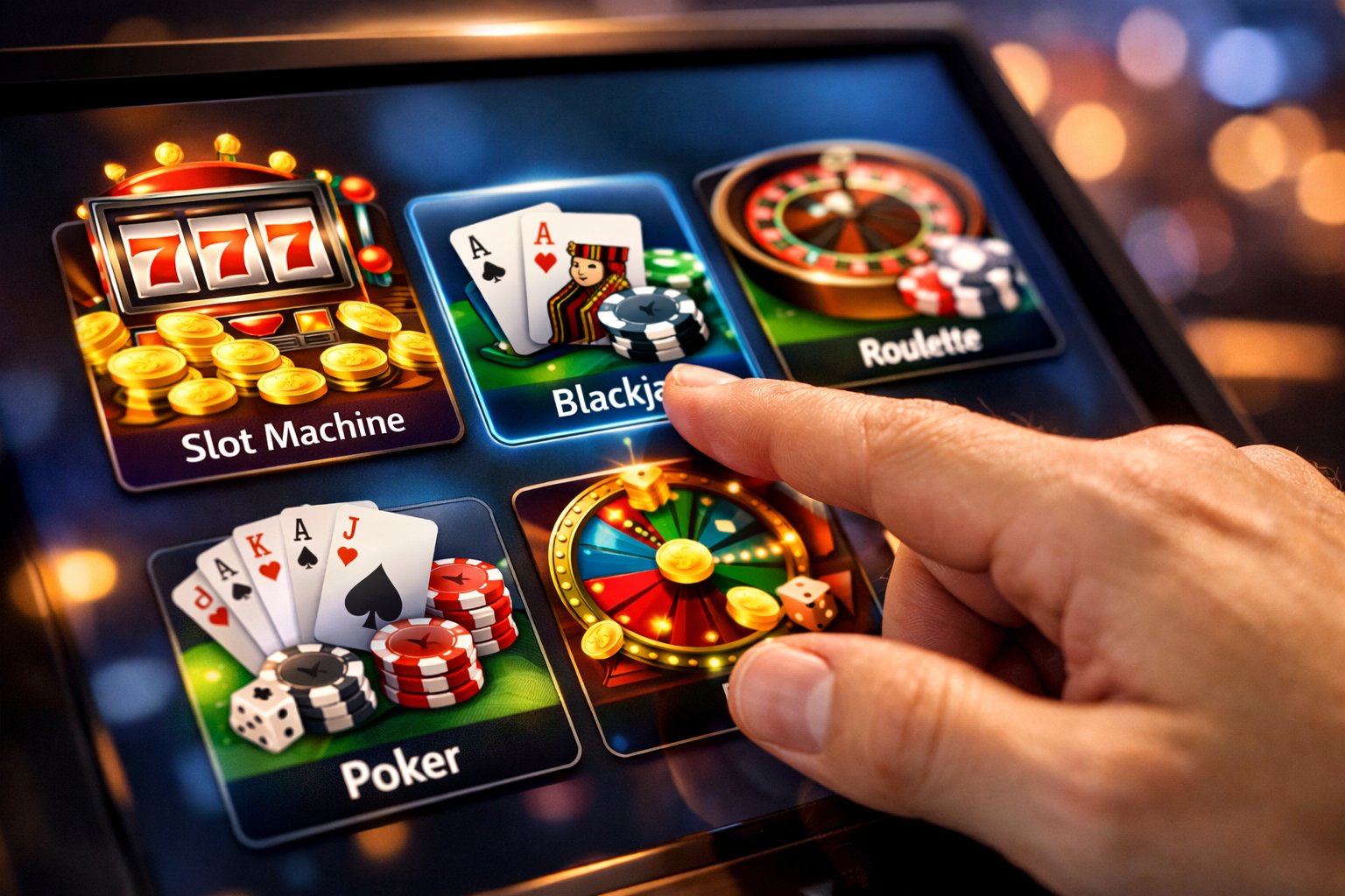 CloseUp Of A Hand Selecting Casino Games On A Digital Touchscreen Display With Colorful Game Icons.
