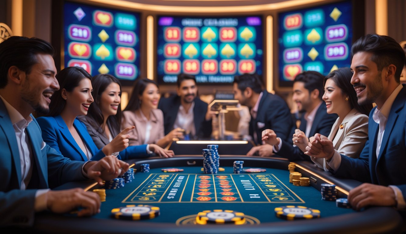 Orang-orang bermain judi kasino dan bingo di meja permainan dengan suasana yang hangat dan ceria.