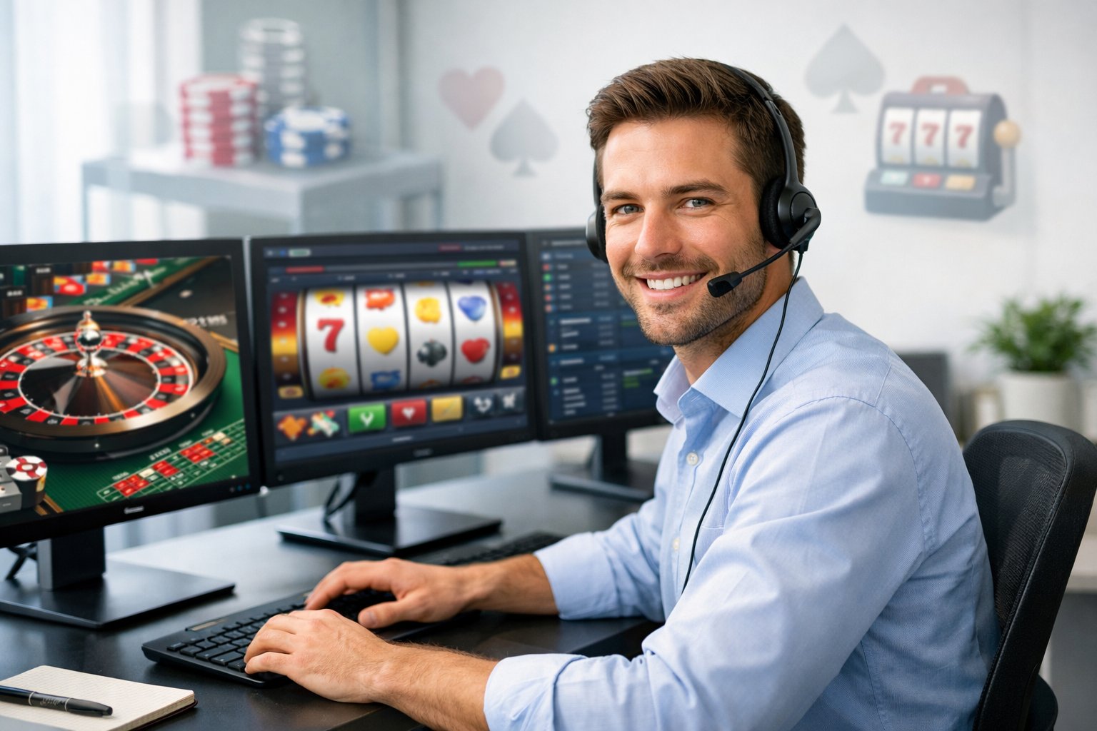 A Customer Support Representative Wearing A Headset Working At A Desk With Computer Monitors Showing CasinoRelated Visuals In A Bright Office.