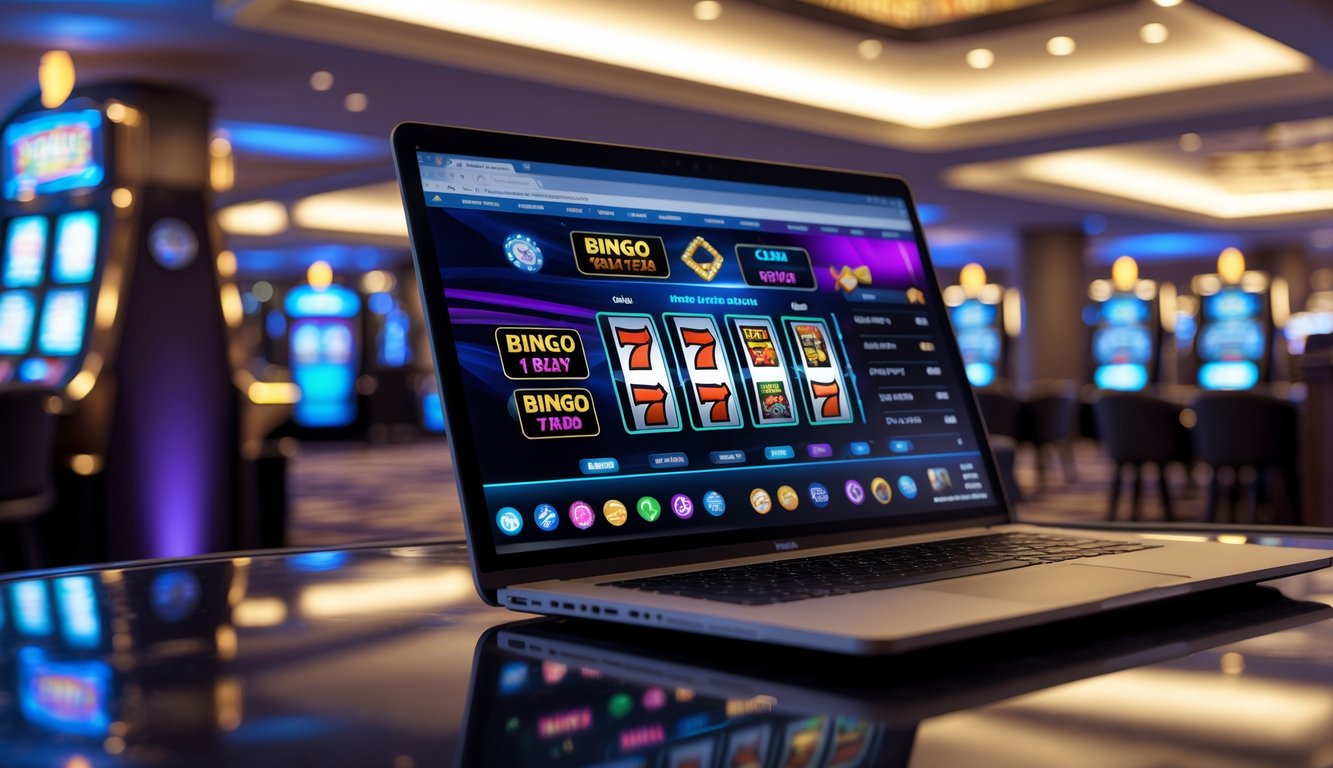 Suasana kasino modern dengan komputer menampilkan permainan judi online dan bingo, di ruang yang elegan dan terang.