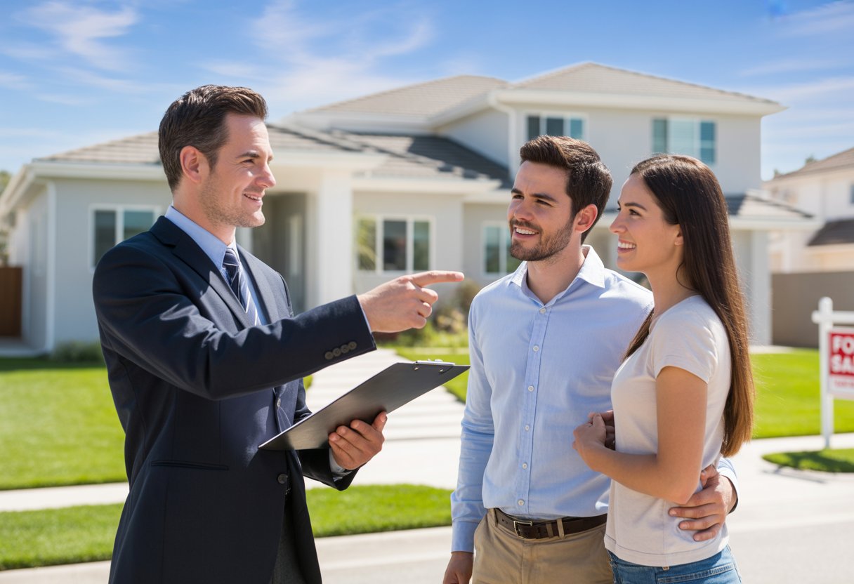 How to Sell a Rental Property: Key Steps and Strategies 5 A real estate agent shows a modern house to a couple standing outside on a sunny day.