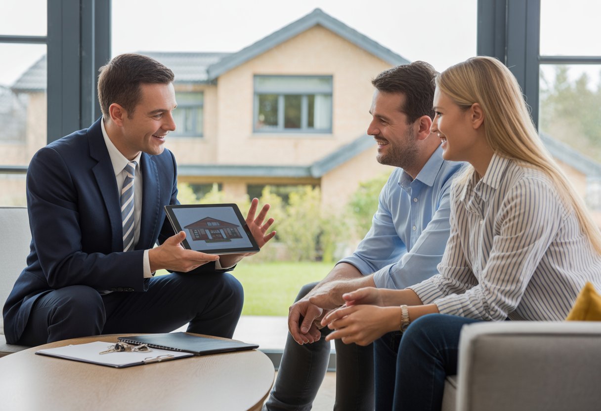 How to Sell a Rental Property: Key Steps and Strategies 6 A real estate agent explaining property details to a couple in a living room with a rental property visible outside the window.