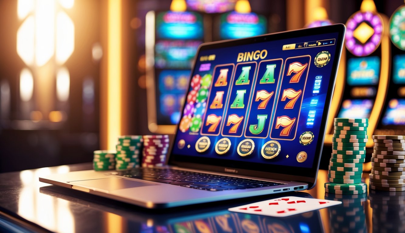 Suasana kasino modern dengan komputer menampilkan permainan judi online dan tumpukan chip poker di atas meja.