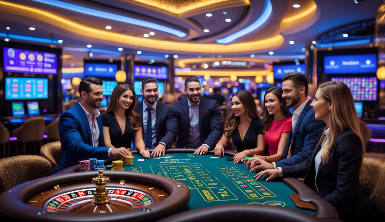 Suasana dalam kasino modern dengan orang-orang bermain permainan judi dan lampu warna-warni di latar belakang.