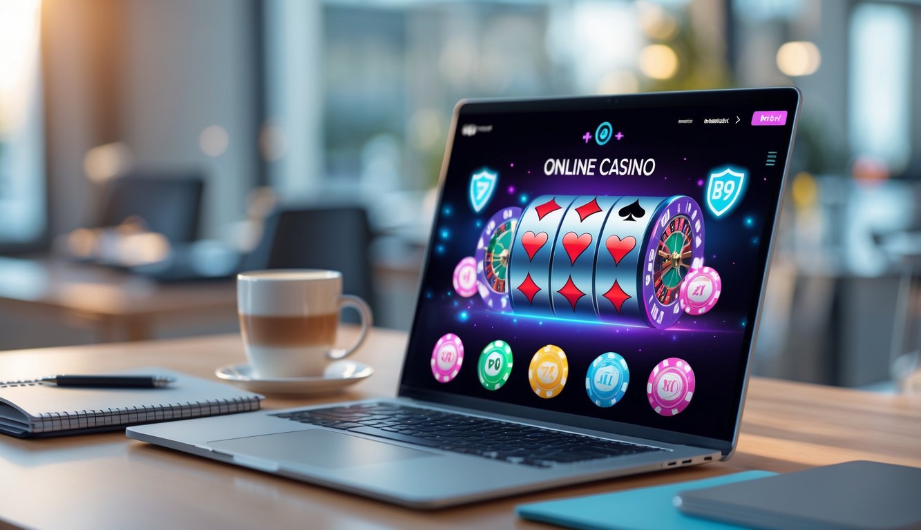 Seorang pengguna bermain permainan kasino online di depan laptop dengan suasana ruang kerja yang rapi dan nyaman.