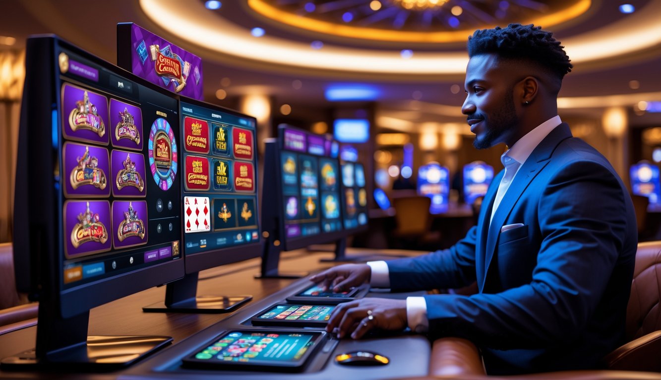 Seorang individu berpakaian rapi sedang menggunakan komputer dengan layar menampilkan permainan kasino online di dalam ruangan kasino yang mewah.