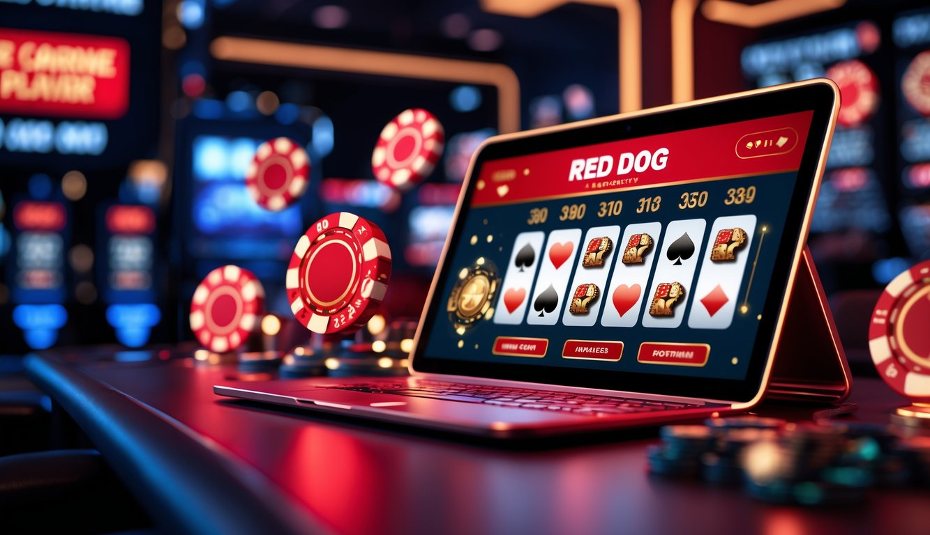 Antarmuka kasino online dengan tema permainan Red Dog berwarna merah dan emas, menampilkan suasana permainan yang dinamis dan menarik.