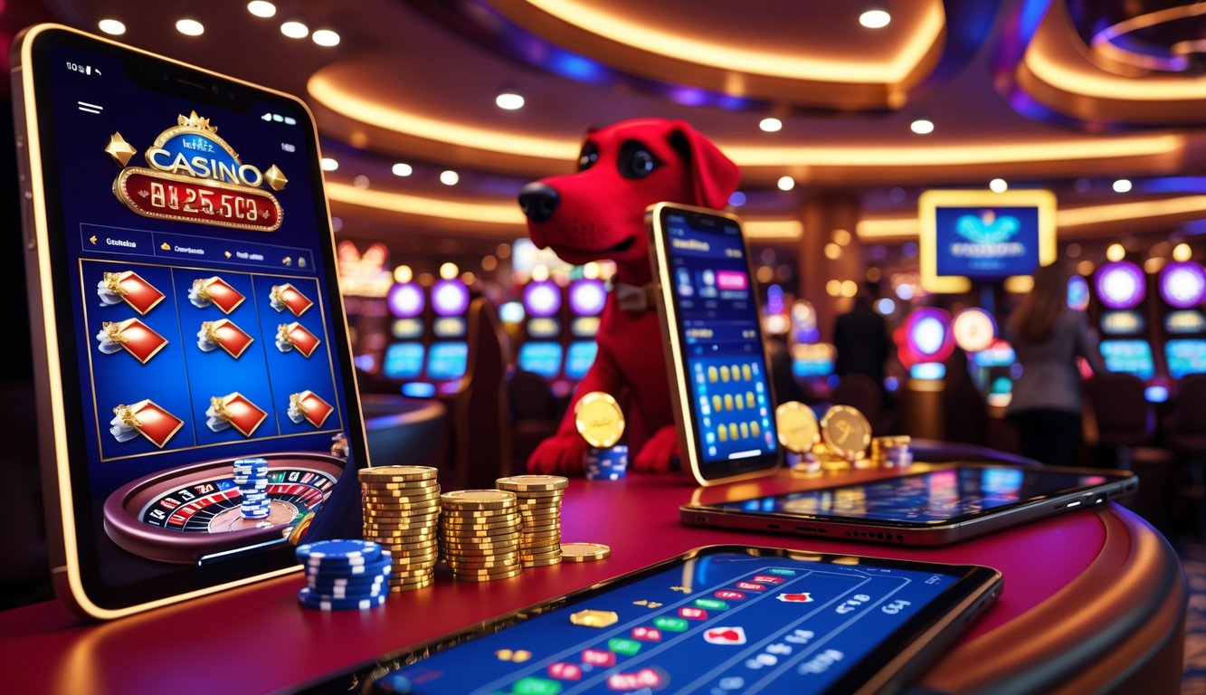 Suasana kasino modern dengan lampu merah dan emas, pemain menggunakan perangkat digital, dan simbol anjing merah yang menonjol, menggambarkan permainan judi online dan bonus melimpah.