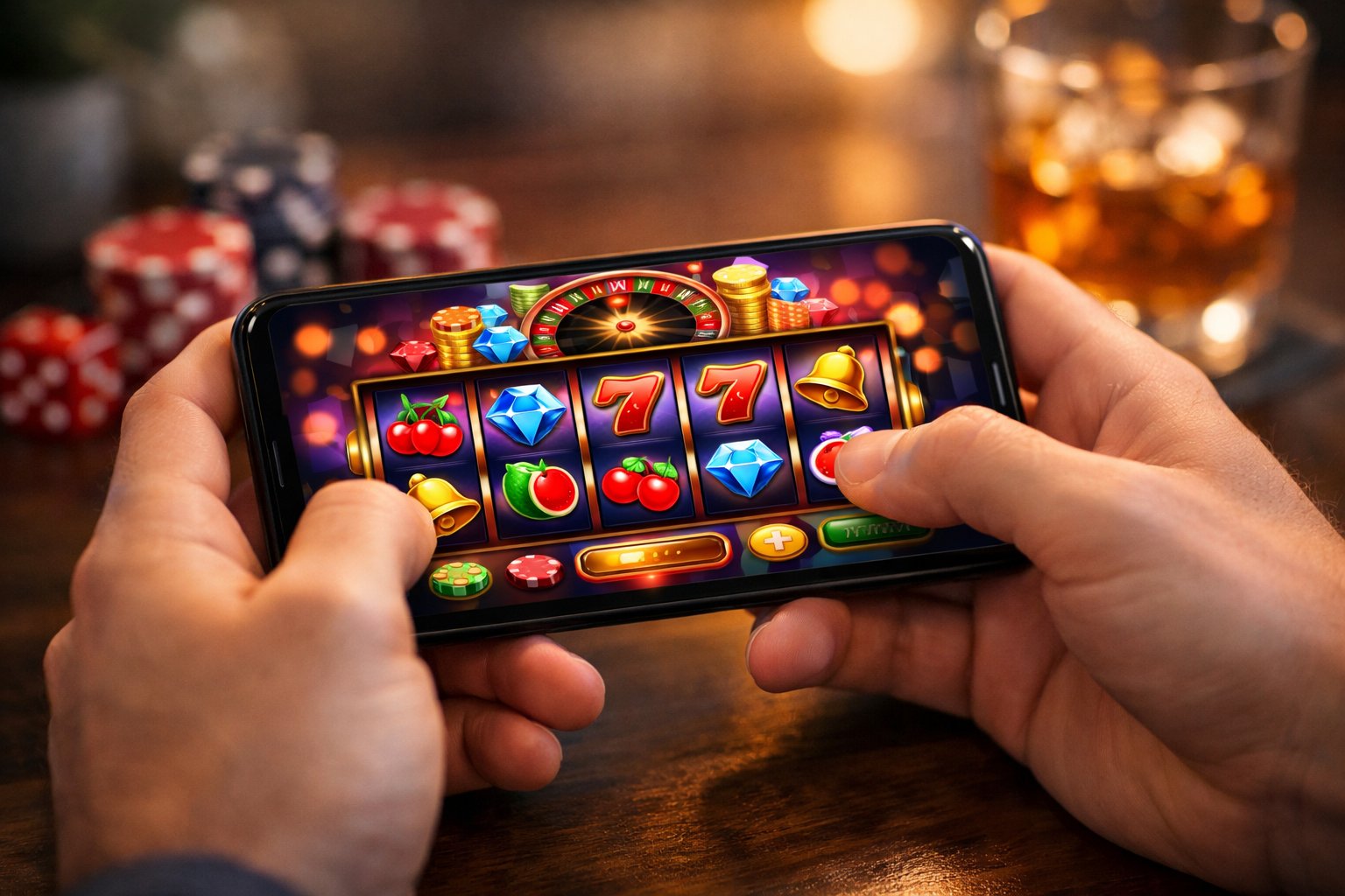 CloseUp Of A Person Holding A Smartphone Displaying A Colorful Casino Game Screen In A Softly Lit Indoor Setting.